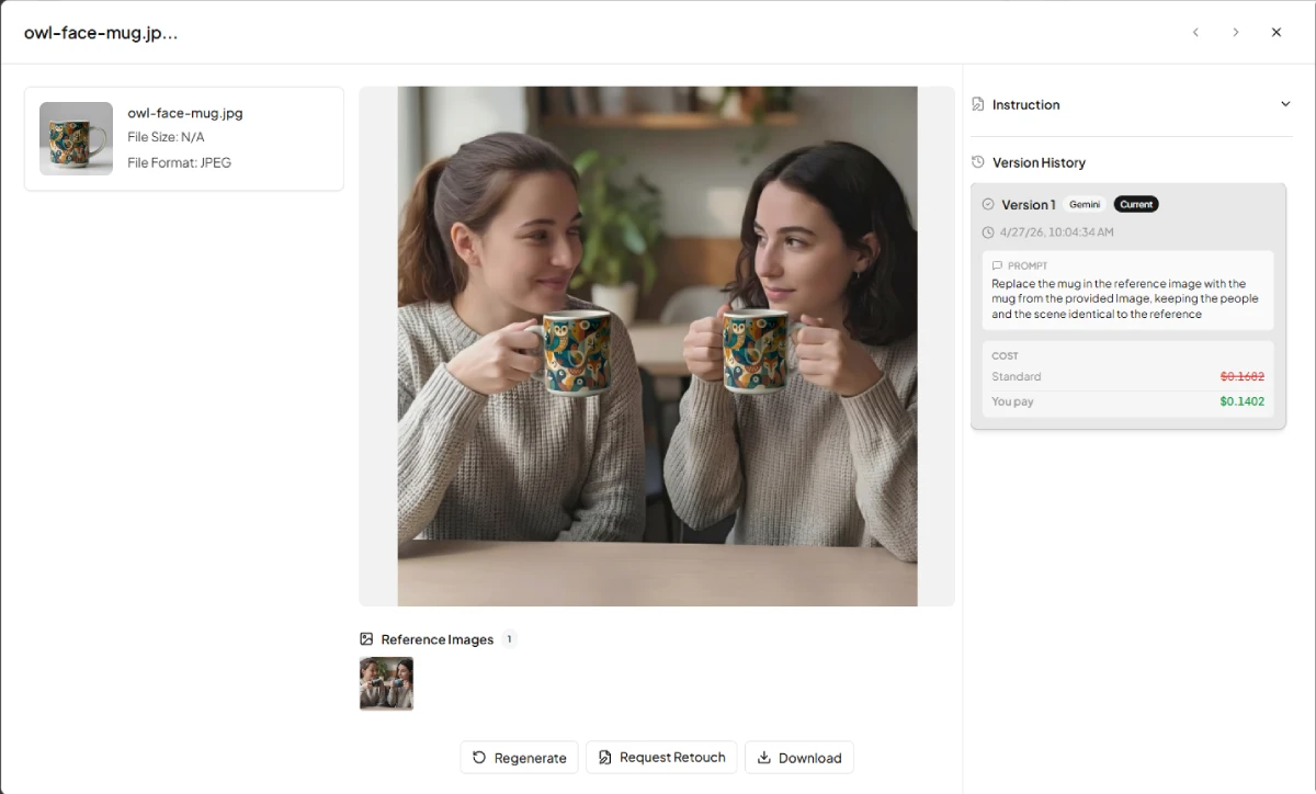 Omnimage interface displaying the final result: two women in a cafe holding the custom patterned mugs