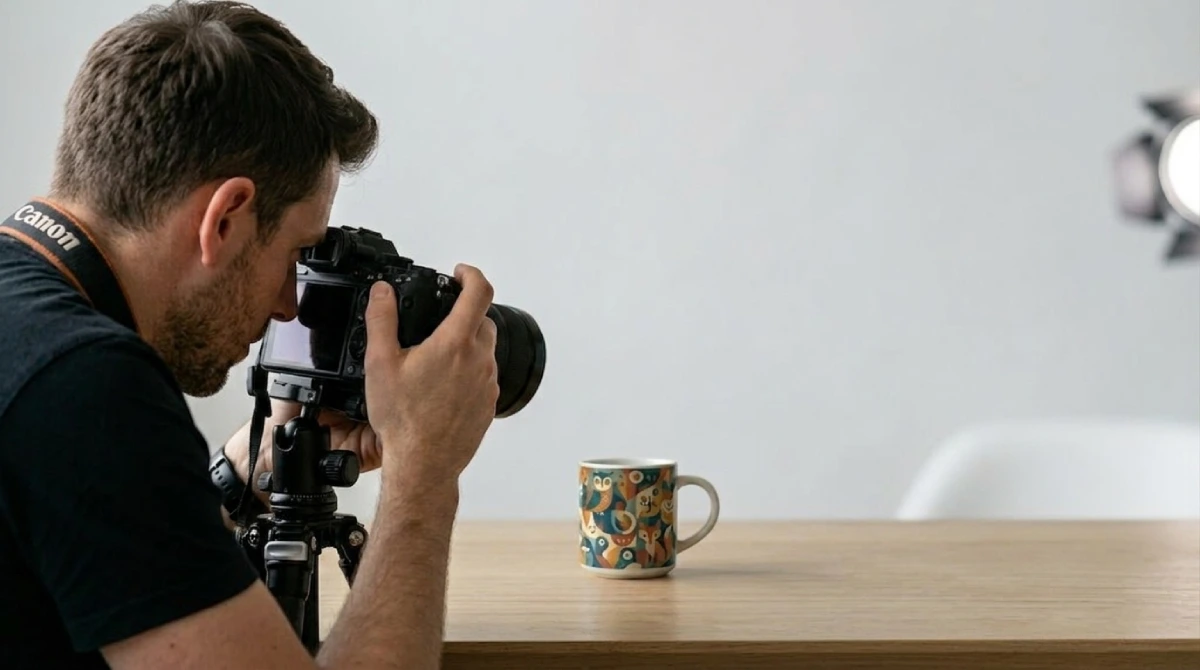 A photographer using a DSLR on a tripod to take a high-angle shot of a patterned ceramic mug